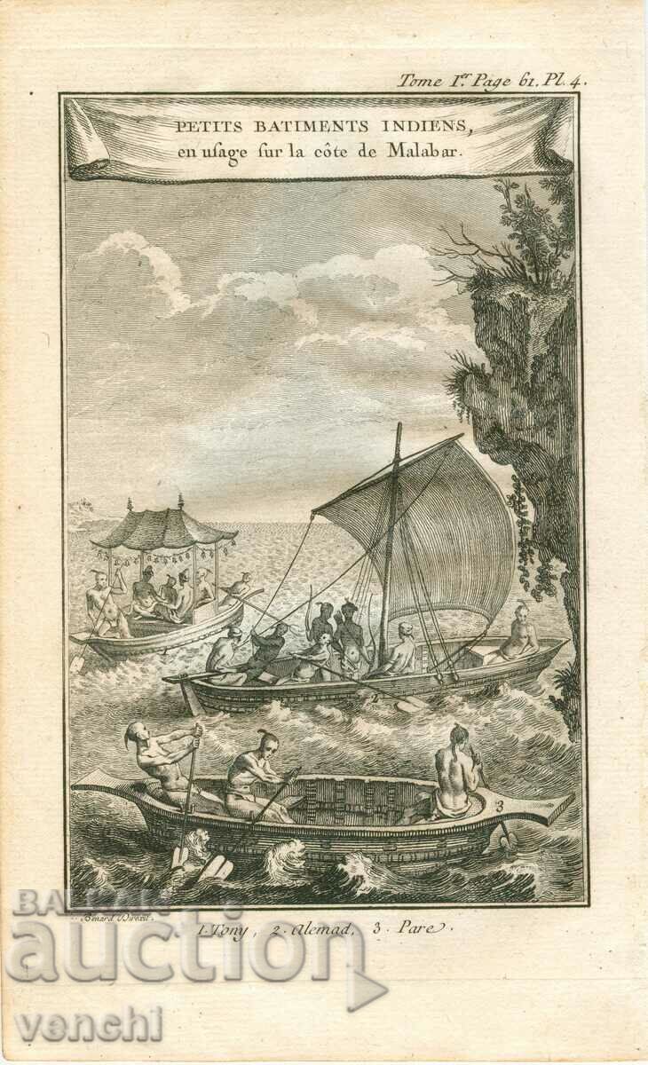 1780 - GRAVURA VECHE - Barci chinezesti - ORIGINAL