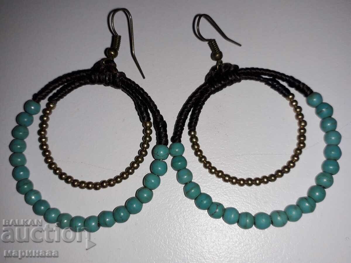 EARRINGS. BRASS, TURQUOISE, LEATHER