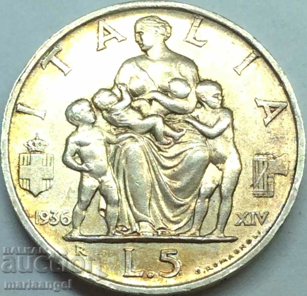 5 Lire 1936 Italia Argint UNC Aur Patină