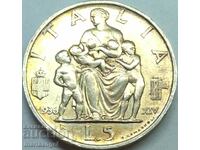 5 лири 1936 Италия  сребро UNC златна Патина