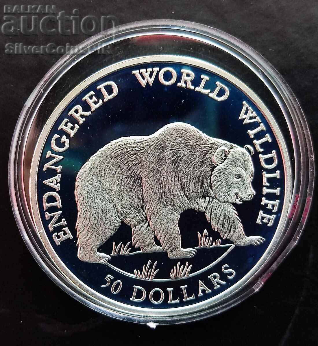 Argint 50 USD Urs 1990 Animale pe cale de dispariție