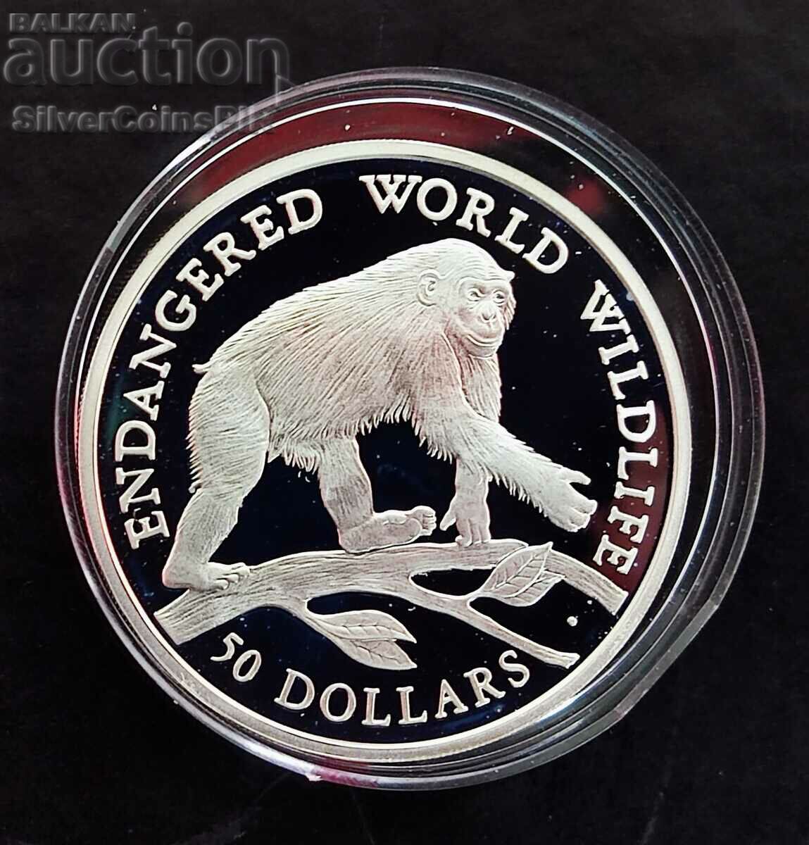 Silver 50 Dollar Monkey 1990 Endangered Animals