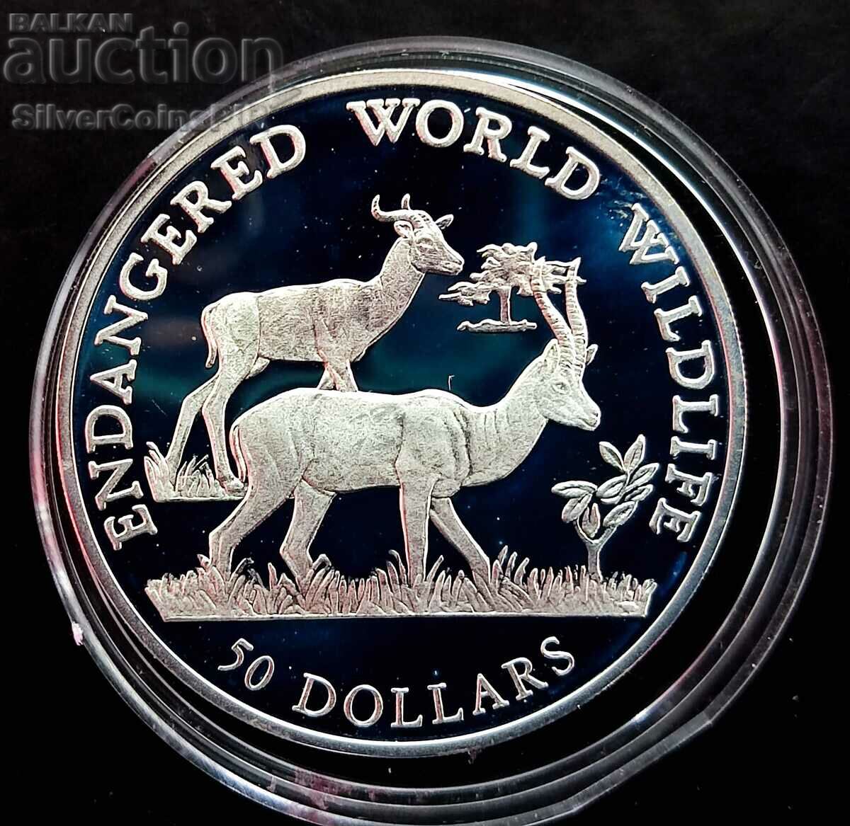 Silver $50 Antelope 1990 Endangered Animals