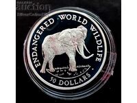 Silver $50 Elephant 1990 Endangered Animals