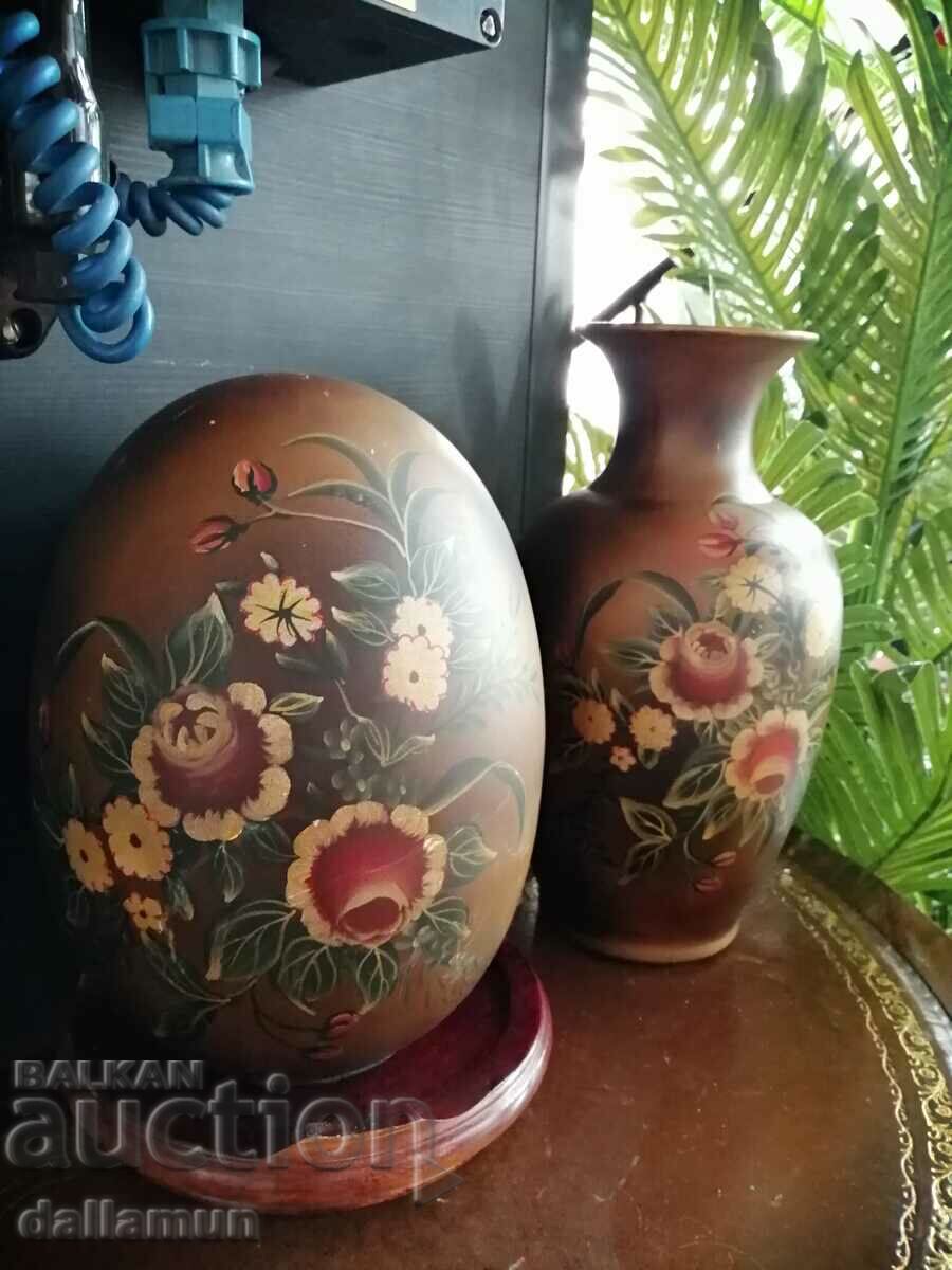 vintage set of ceramic vase and egg on wooden tray with price 99.00 BGN | € 50.62 vintage set of ceramic vase and egg on wooden tray with price 99.00 BGN | € 50.62