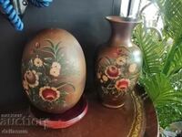 vintage set of ceramic vase and egg on wooden tray