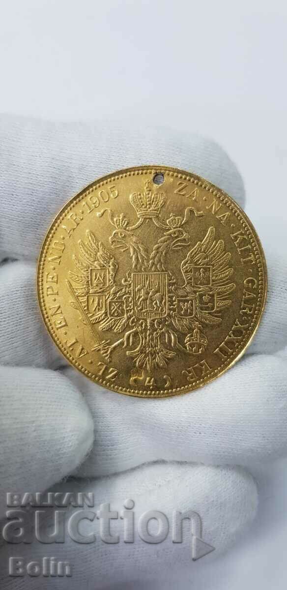 Russian gold coin 4 dikats 1905, 22 carats