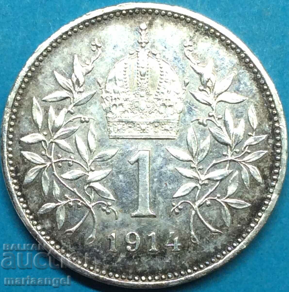 Austria 1 Krone 1914 Franz Joseph 1848-1916 UNC Patina Silver