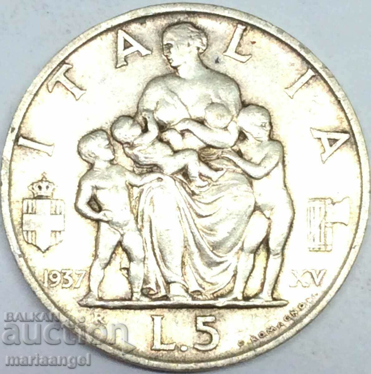 5 лири 1937 Италия Виктор Емануел III сребро - RARE