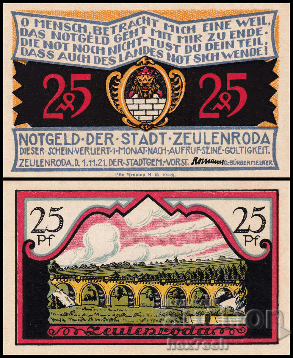 ❤️ ⭐ Notgeld Zeulenroda 1921 25 pfenning UNC new ⭐ ❤️