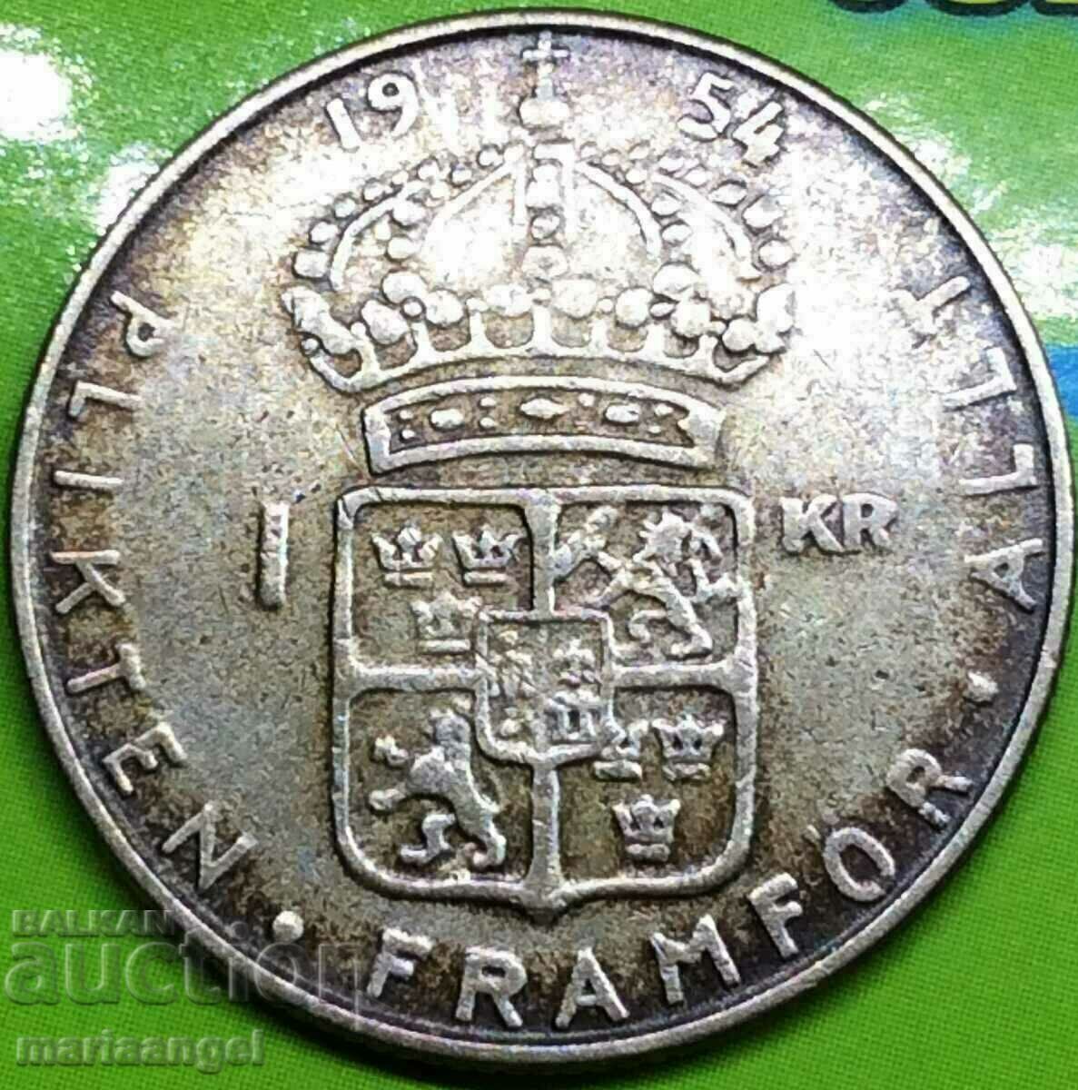 Suedia 1 Krone 1954 25 mm Argint Gustav VI Adolf Patina