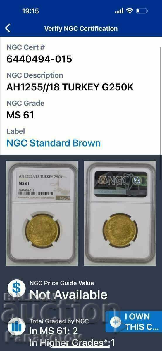 Auction 250 Kurush NGC PCGS AH 1255/18 Gold MS 61 ABDUL MEJID TURKEY Auction 250 Kurush NGC PCGS AH 1255/18 Gold MS 61 ABDUL MEJID TURKEY