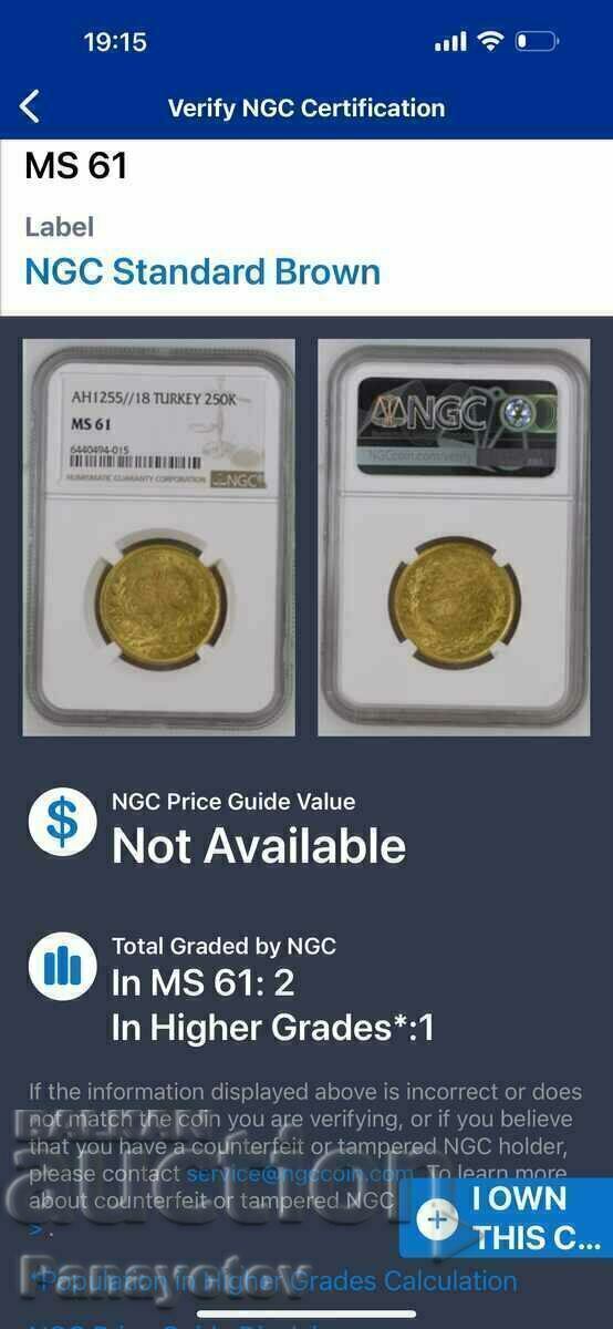 250 Kurush NGC PCGS AH 1255/18 Gold MS 61 ABDUL MEJID TURKEY - 5 250 Kurush NGC PCGS AH 1255/18 Gold MS 61 ABDUL MEJID TURKEY - 5