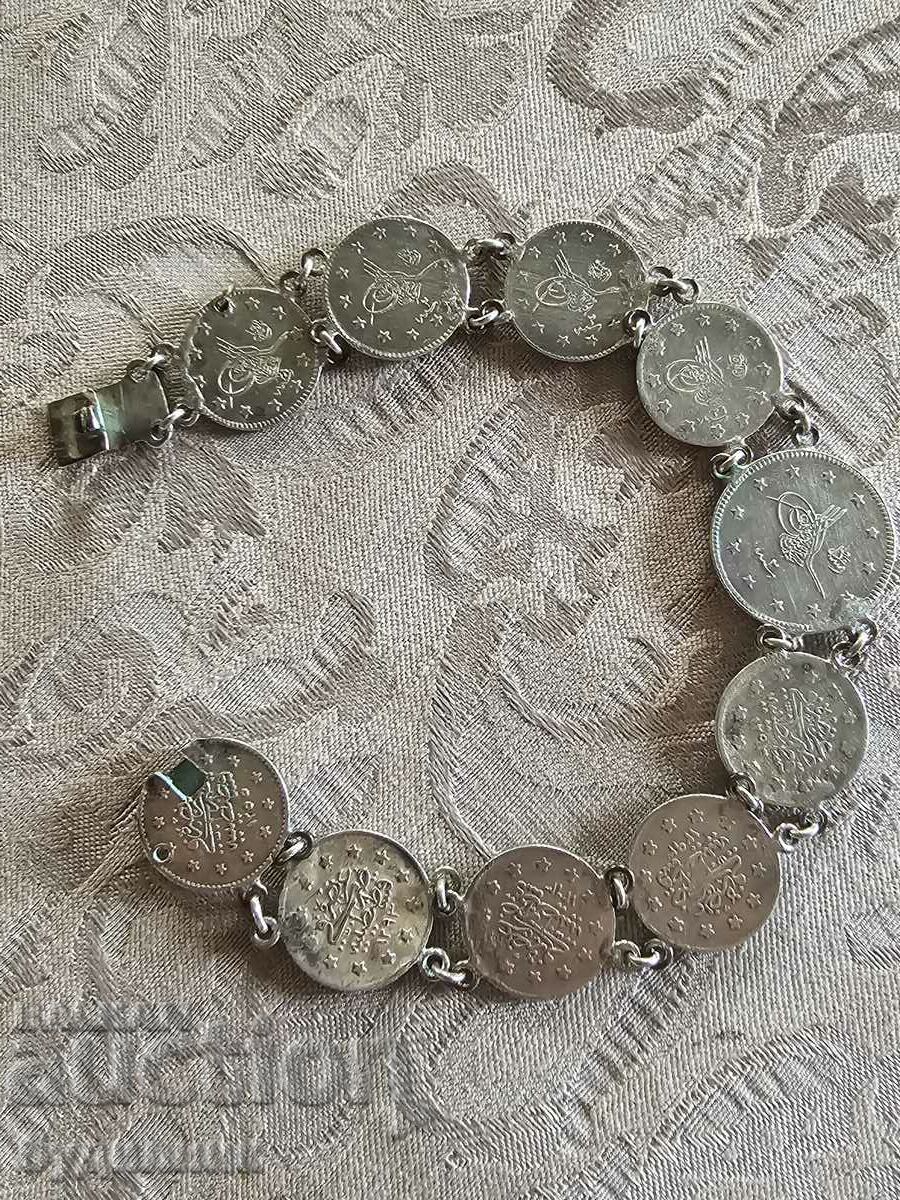 Bratara din argint monede turcesti. 19 cm. 10 Număr de monede. BZC