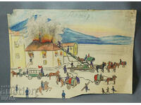 Стара Майсторска Рисунка картина пожар пажарникари