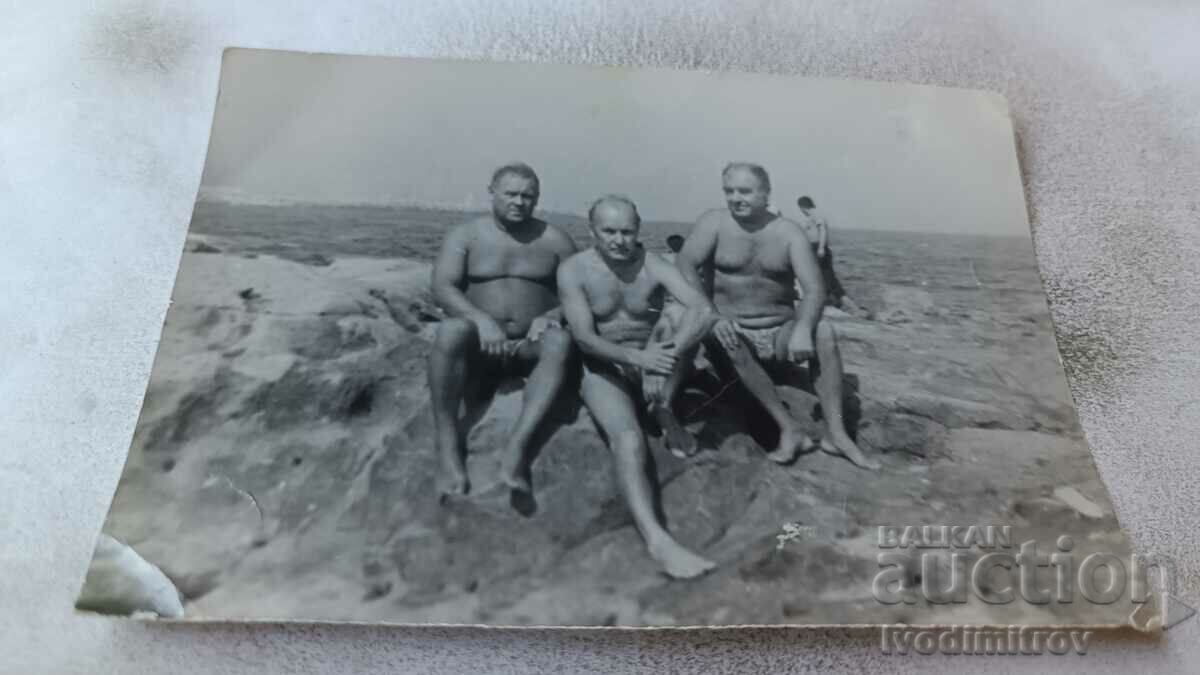 Foto Trei bărbați în costume de baie pe o stâncă lângă mare