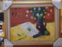 Oil painting canvas vase with flowers and letter