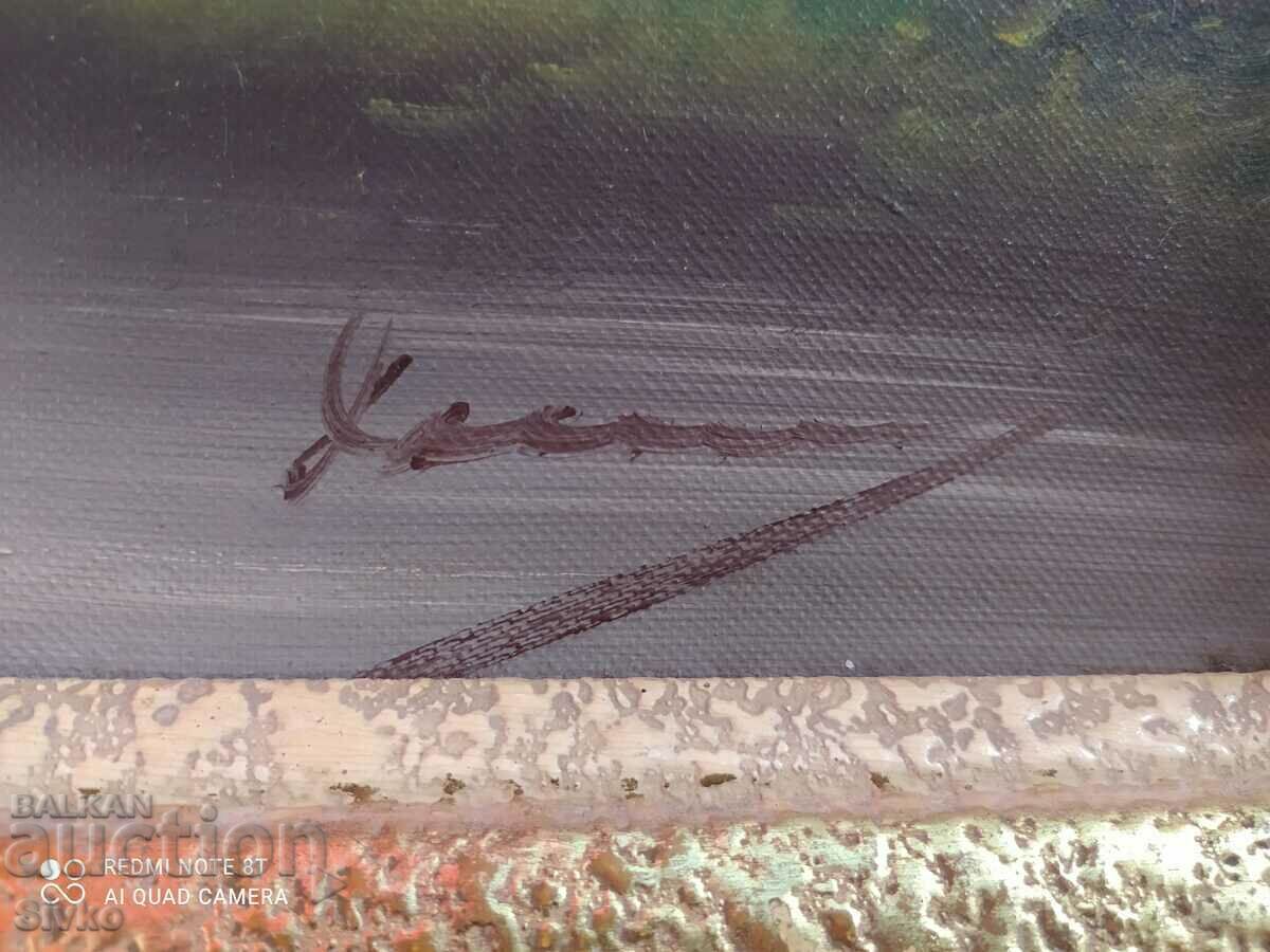 Painting oil canvas lake swans signed 1962 - 6 Painting oil canvas lake swans signed 1962 - 6