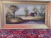 Painting oil canvas lake swans signed 1962