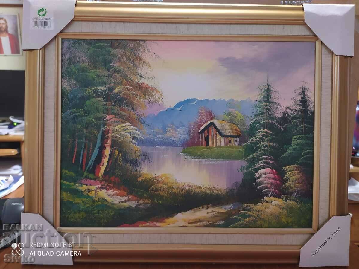 Oil painting house by the river