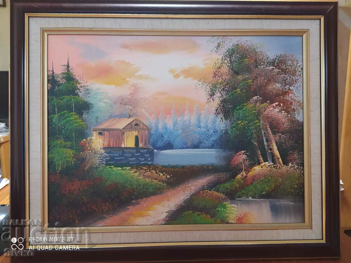 Pictură pe pânză în ulei casa de lângă lac