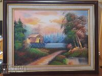 Painting oil canvas the house by the lake