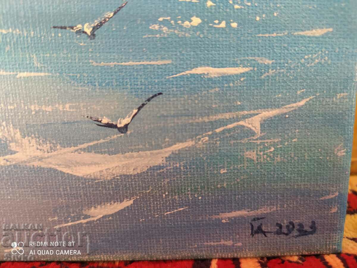 Картина масло платно море чайки подпис български автор с цена 49.99 лв. | € 25.56 Картина масло платно море чайки подпис български автор с цена 49.99 лв. | € 25.56