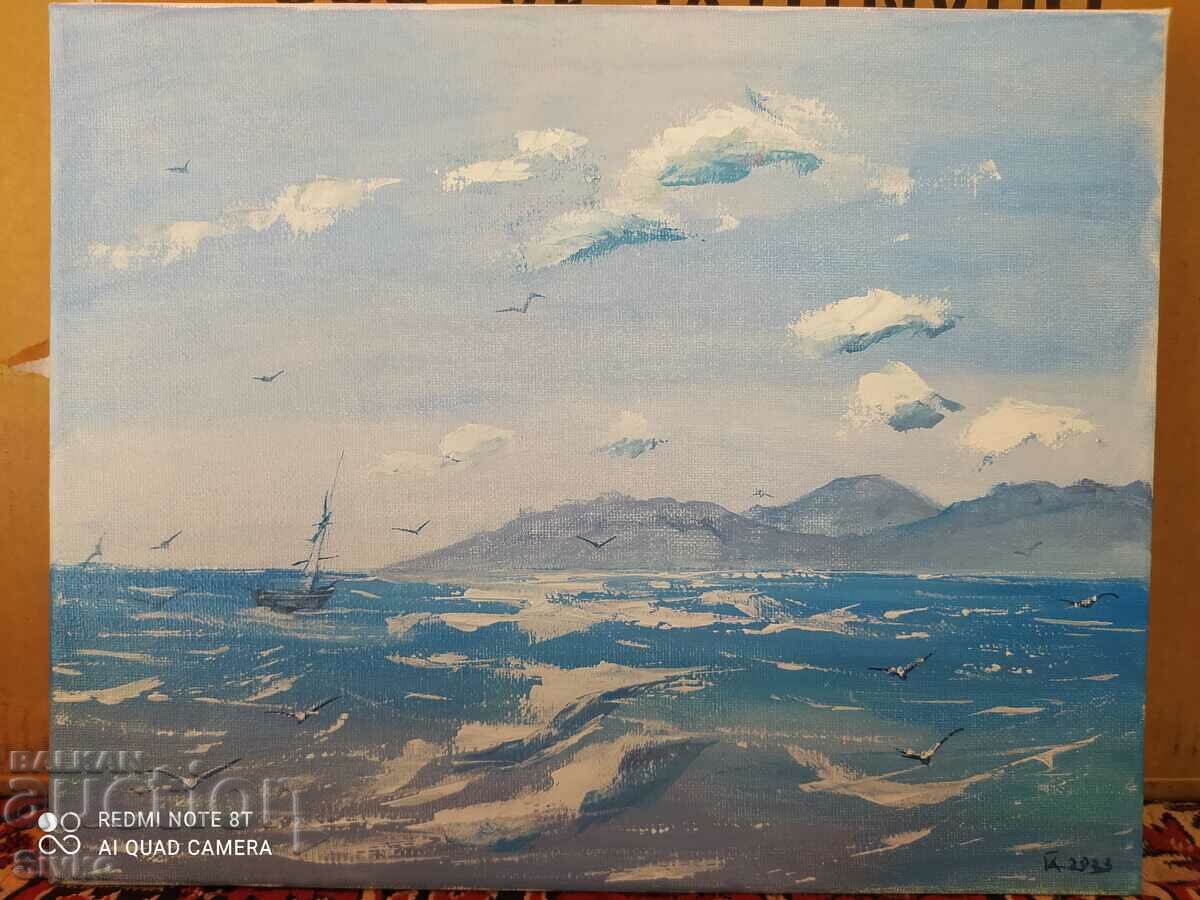 Painting oil on canvas sea seagulls signature Bulgarian author