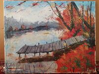Πίνακας ελαιογραφίας σε καμβά γέφυρα λίμνη υπογραφή Βούλγαρος συγγραφέας