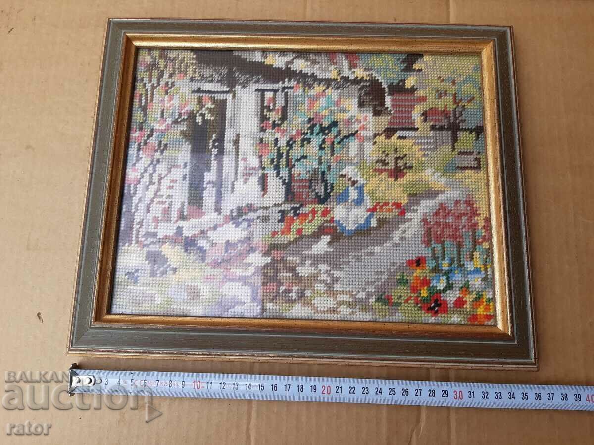 Auction  Old hand-stitched tapestry with a beautiful frame