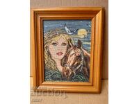 Old hand-stitched FULL MOON tapestry with wooden frame and glass