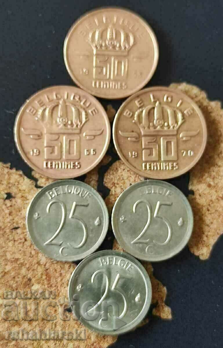 Monede Belgia - 6 buc. , 1953-1971