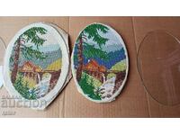 Old hand-sewn tapestries - 2 pieces with glasses