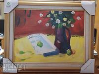 Vaza de panza cu pictura in ulei cu flori si litera