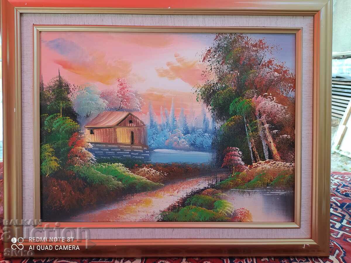 Painting oil canvas the house by the lake