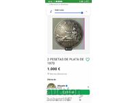 Vând o monedă antică de argint Spania 1870