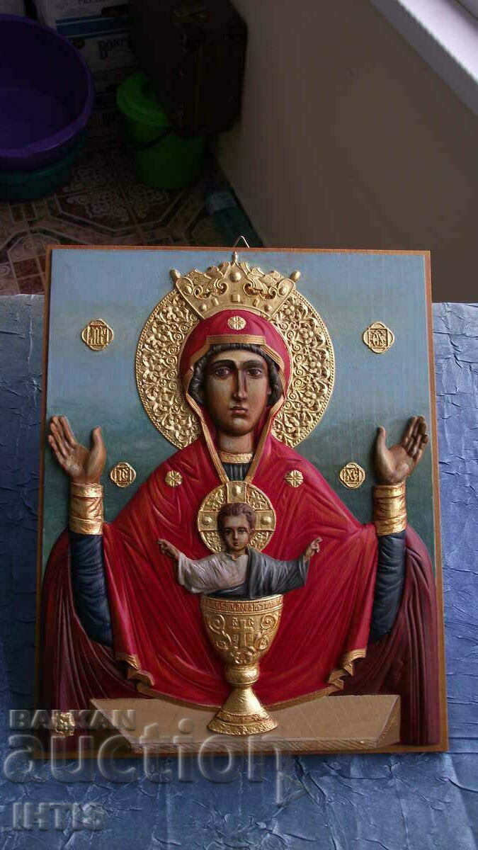 ICONA-ICONA SCULTURĂ în LEMN a Fecioarei Maria și Iisus Hristos - 5