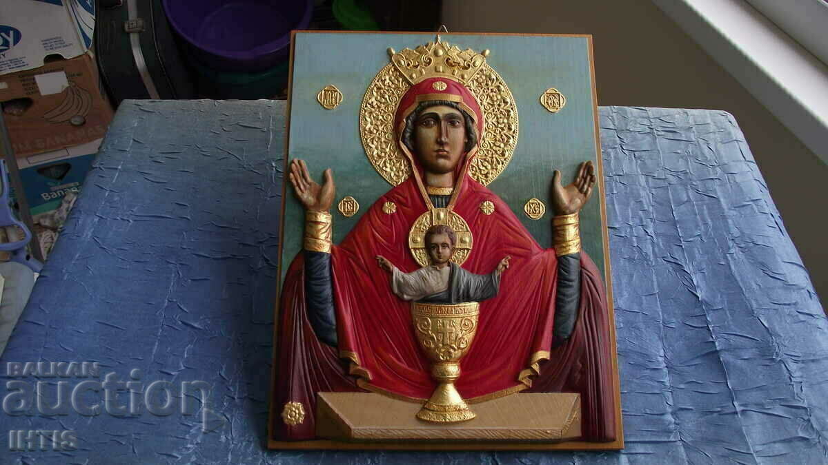 ICONA-ICONA SCULTURĂ în LEMN a Fecioarei Maria și Iisus Hristos