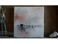 Pictura abstracta in ulei - Peisaj marin - Barci