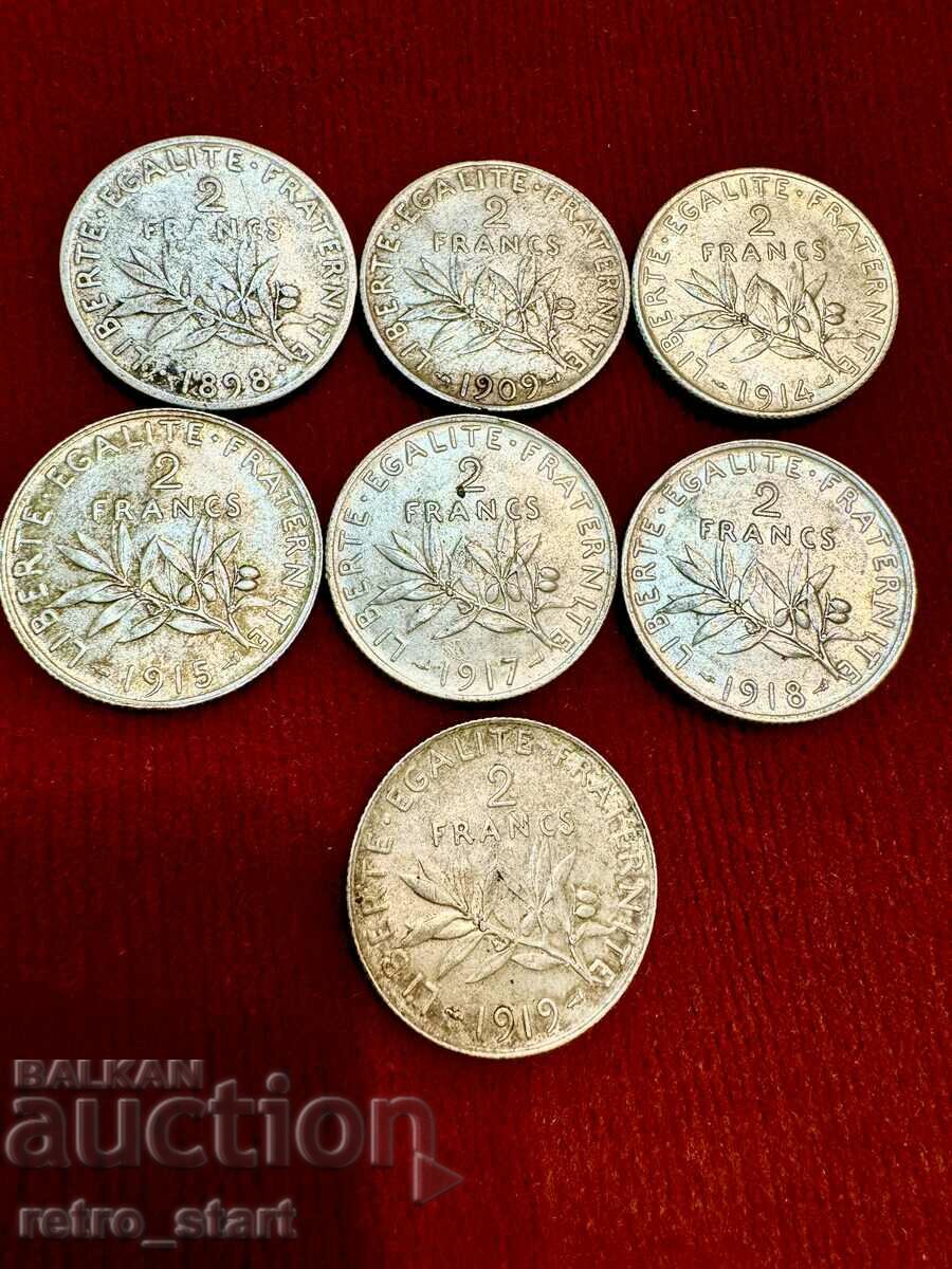 Лот сребърни монети  7 бр. * 2 франка