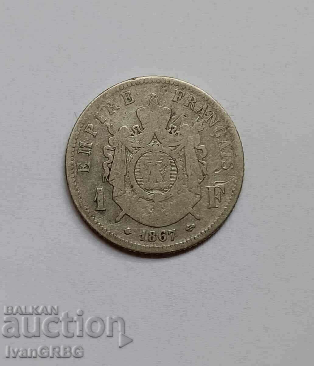 1 franc 1867 France French coin Napoleon III