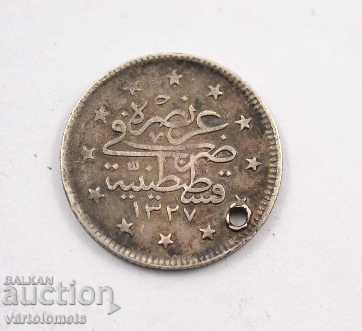 2 kurush AH 1327 Mahmud V Imperiul Otoman 2,3 g / Ag 830