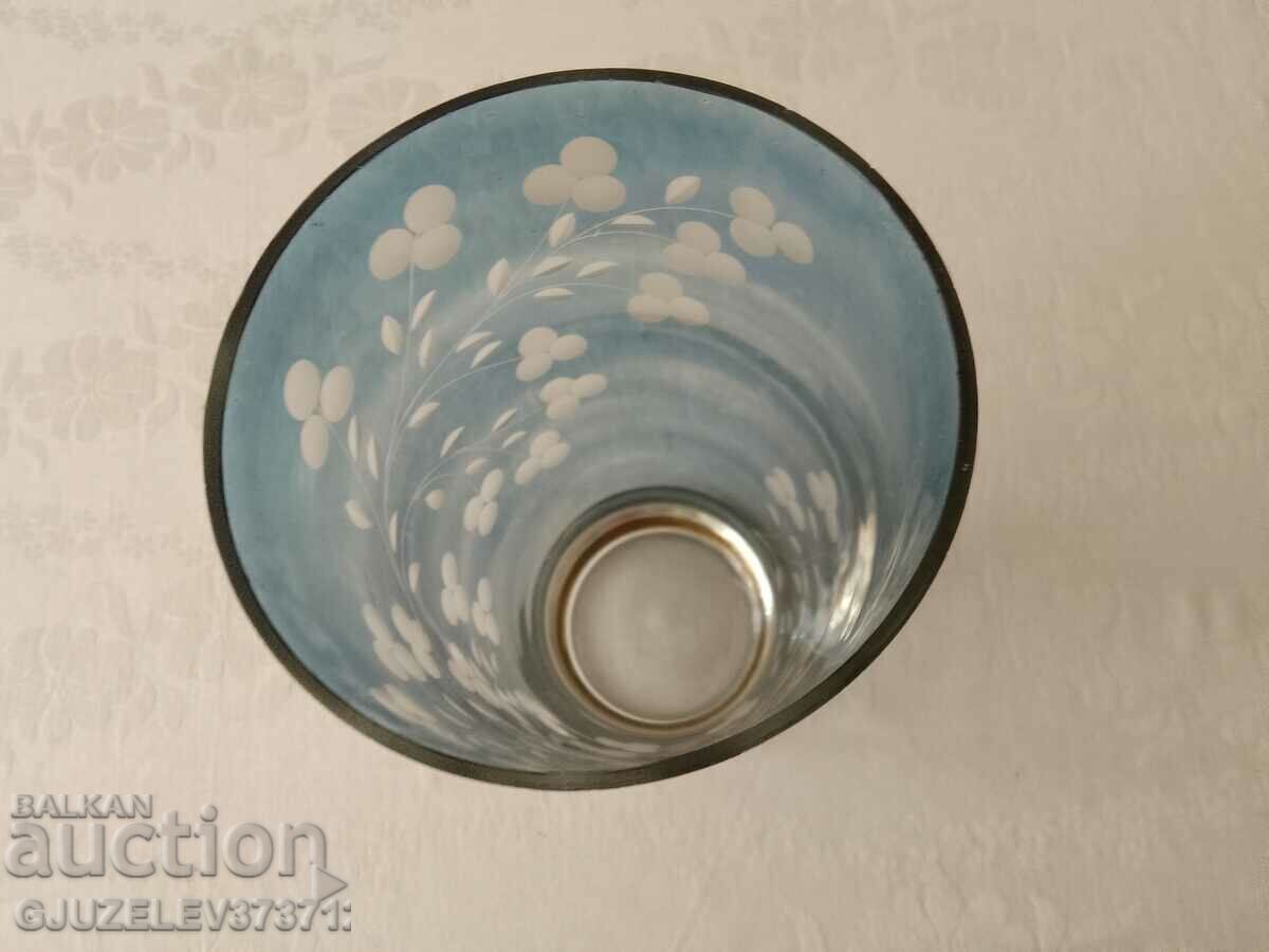 vintage blue glass-crystal vase with engraved flowers size - 5 vintage blue glass-crystal vase with engraved flowers size - 5