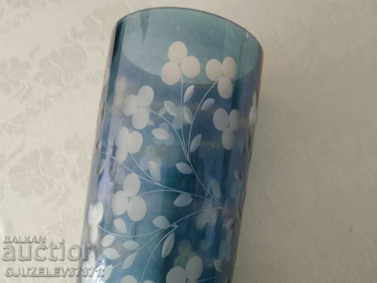 vintage blue glass-crystal vase with engraved flowers size - 6 vintage blue glass-crystal vase with engraved flowers size - 6