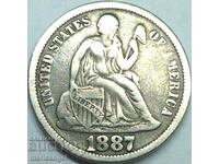 САЩ 1 дайм 1887 10 цента "Seated Liberty" сребро