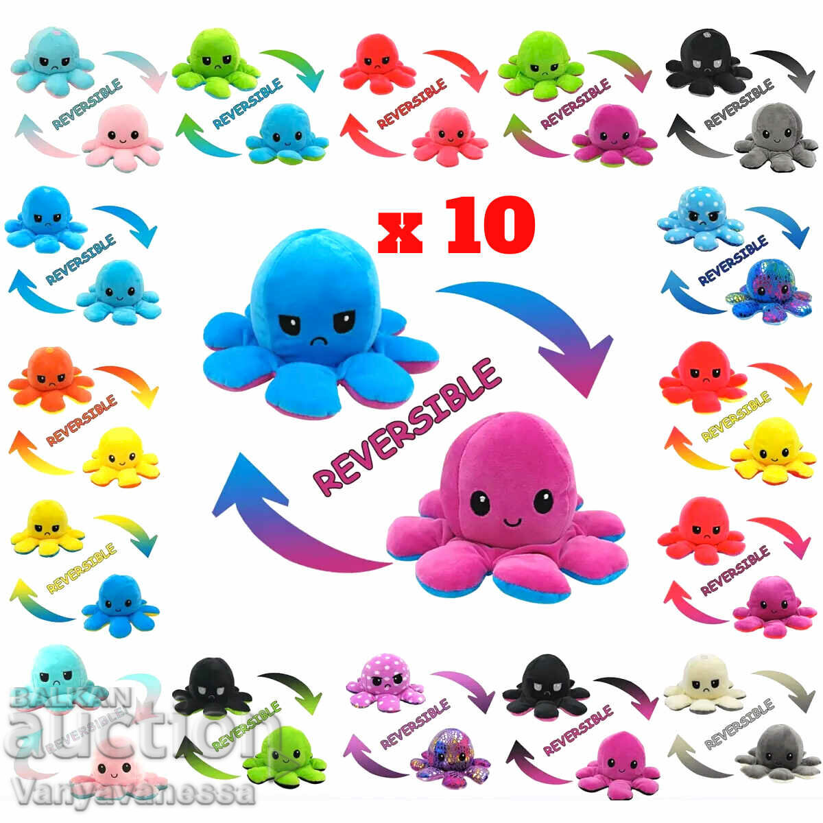 10 pieces Plush octopus with two faces - MIX COLORS