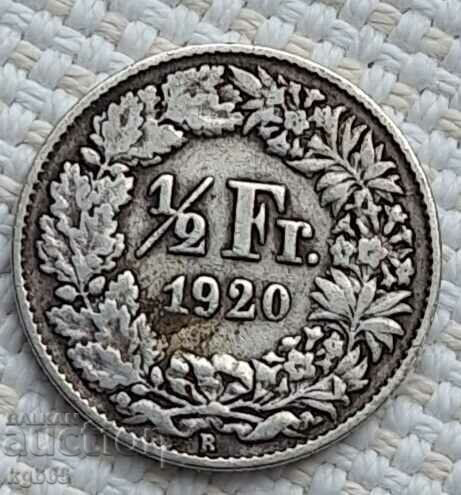 1/2 франк 1920 г. Швейцария. Ж-3