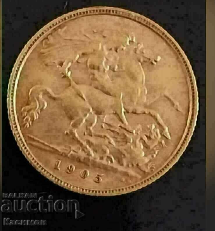 Monedă de aur de 1/2 liră din Marea Britanie 1905 22k.