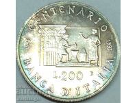 200 лири 1993 Италия 100 г. на банк "Италия" Патина сребро