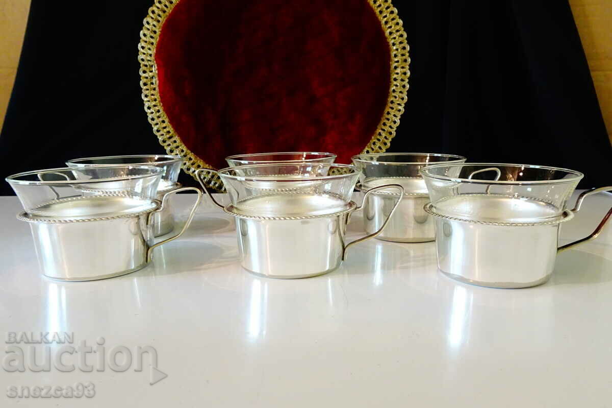 Silver-plated brass cups, 6 pcs., thermal glass. - 6 Silver-plated brass cups, 6 pcs., thermal glass. - 6